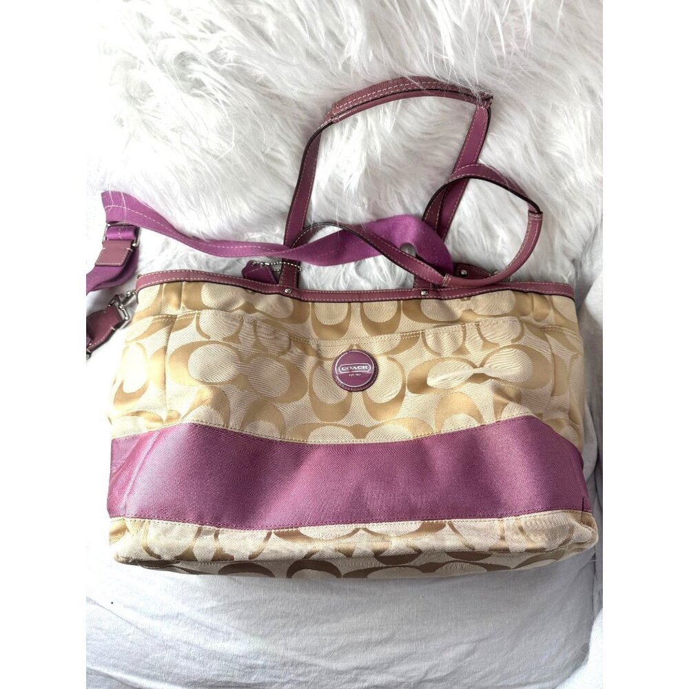 Coach Signature Canvas Tote Bag/Diaper Bag Pink Leather‎ Trim & Shoulder Strap
